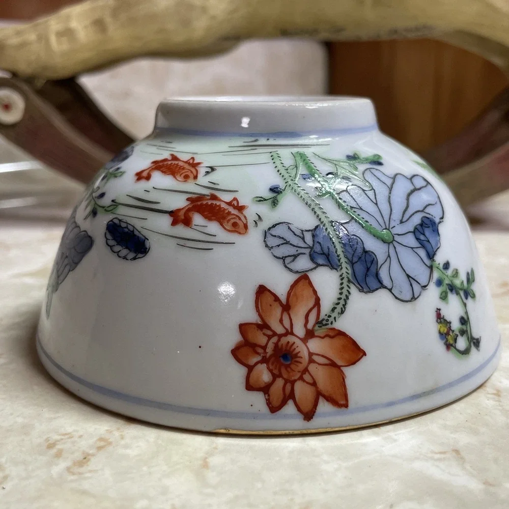 Vintage Chinese Koi Fish Ceramic Bowl - Fish Pond w/ Orange‎ Blue Flowers